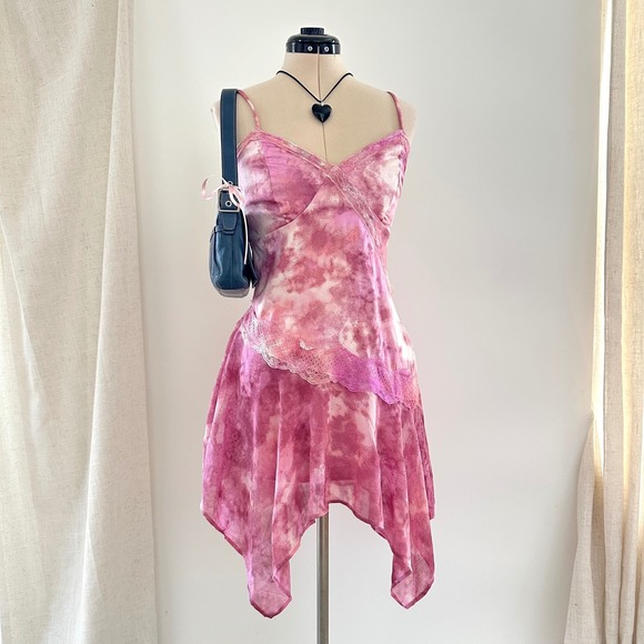 wild fable Dresses & Skirts - Wild Fable Pink Asymmetrical Slip Babydoll Dress XS Lace Trim Festival Fairy y2k